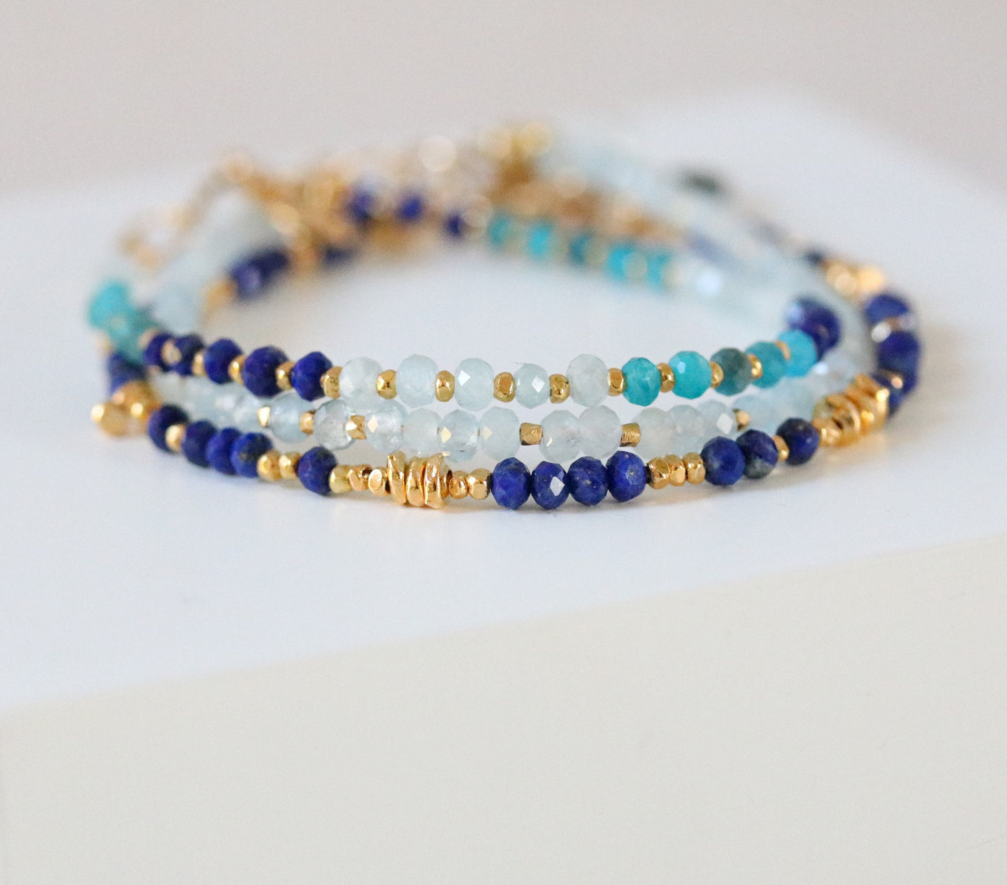 Handmade Lapis Lazuli Apatite Aquamarine Bracelet: Karen Hill Tribe Gold Vermeil