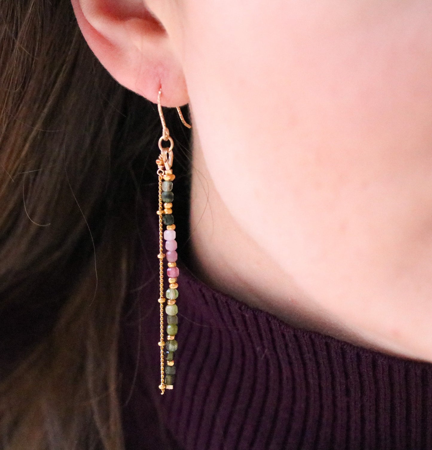 Watermelon Tourmaline Drop Earrings: Gold Vermeil Karen Hill Tribe Beads