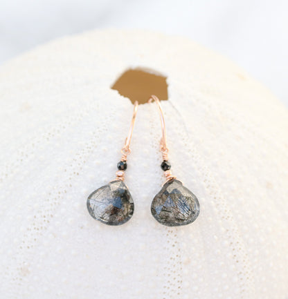 Rose Gold Rutilated Quartz Earrings: Black Onyx Gemstone Dangles