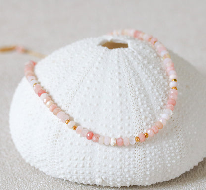 Faceted Pink Opal Necklace: Gold Karen Hill Tribe Beads, Adjustable Length