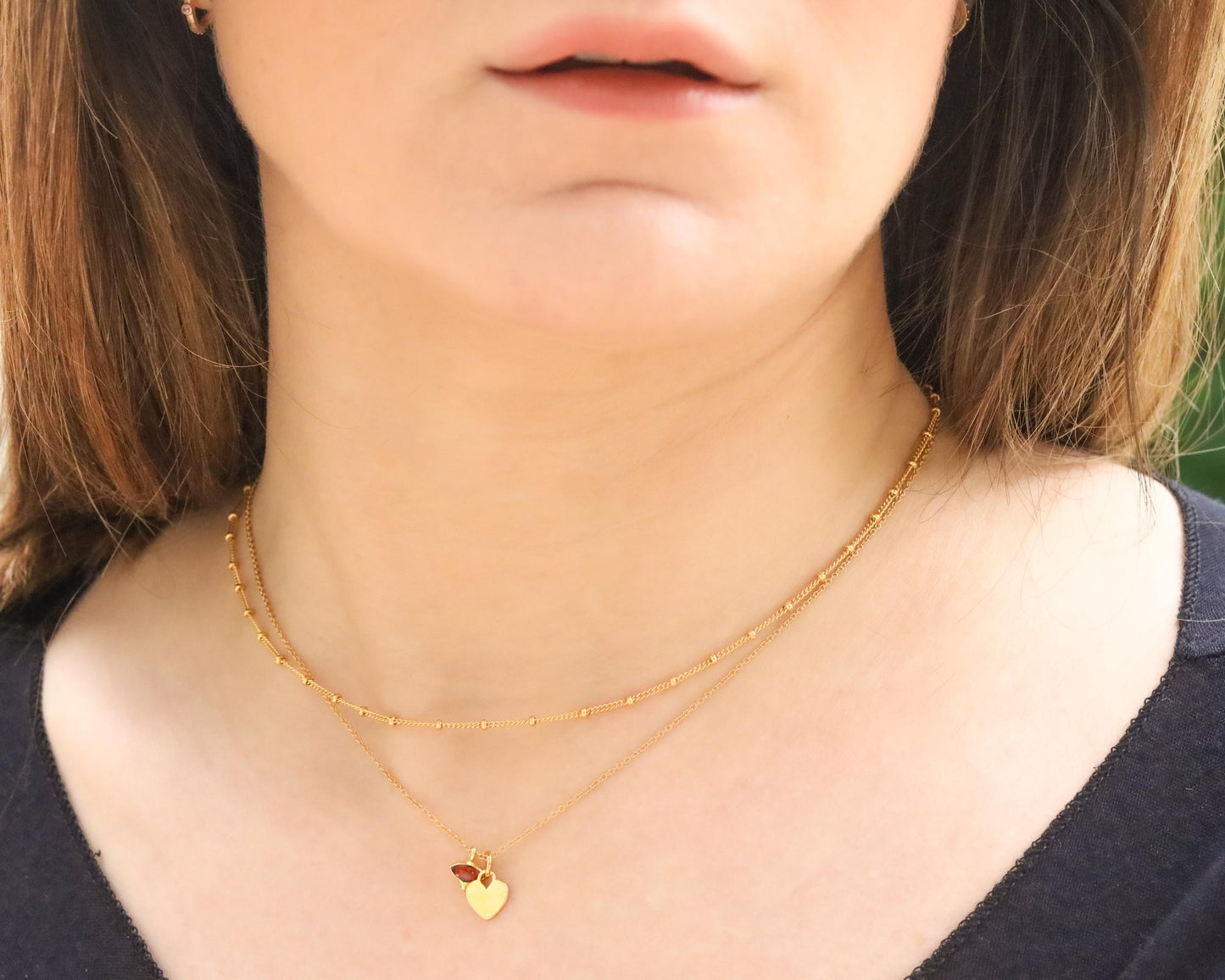 Gold Heart Necklace: Garnet Lips Charm, Valentine's Gift