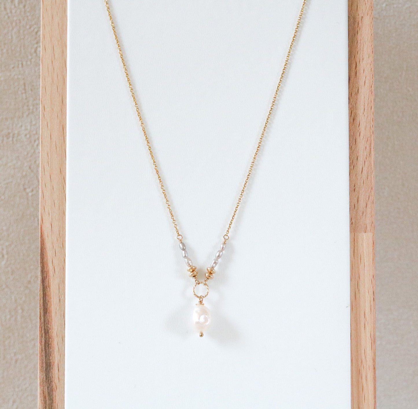 Handmade White Freshwater Pearl Necklace: Hammered Gold Link, June Birthstone