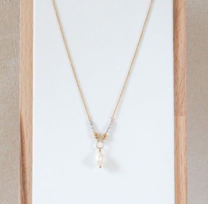 Handmade White Freshwater Pearl Necklace: Hammered Gold Link, June Birthstone