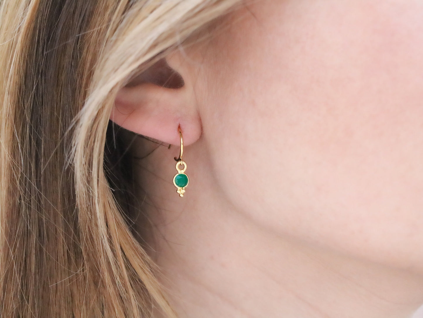 Dainty Green Agate Huggie Hoops: Yellow Gold Vermeil Earrings