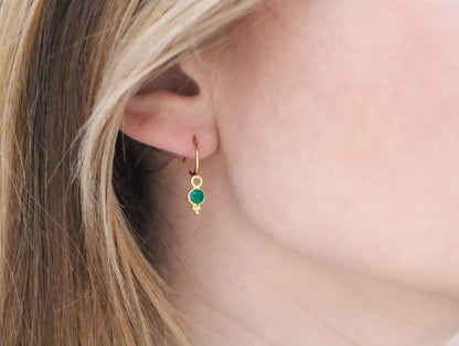 Dainty Green Agate Huggie Hoops: Yellow Gold Vermeil Earrings