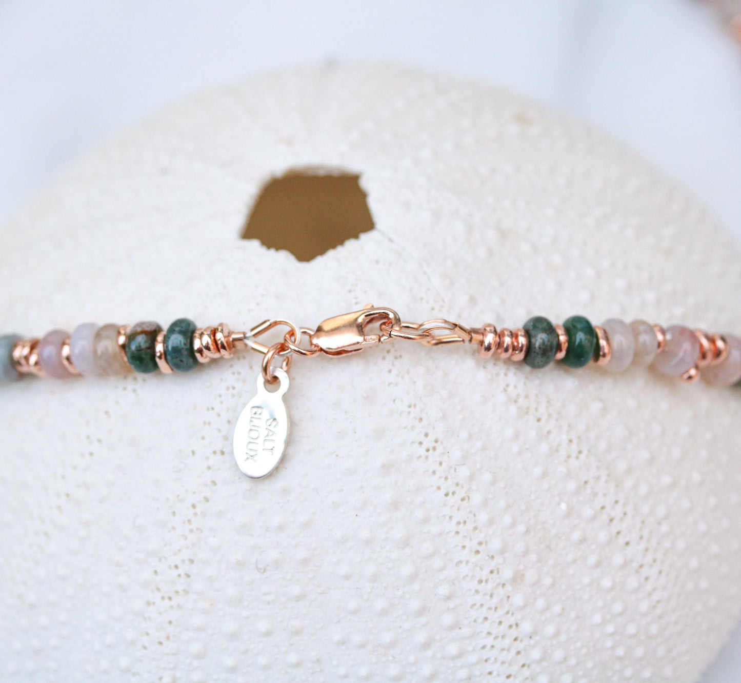Indian Agate Heishi Choker: Rose Gold Necklace, Pastel Pink & Mint Green