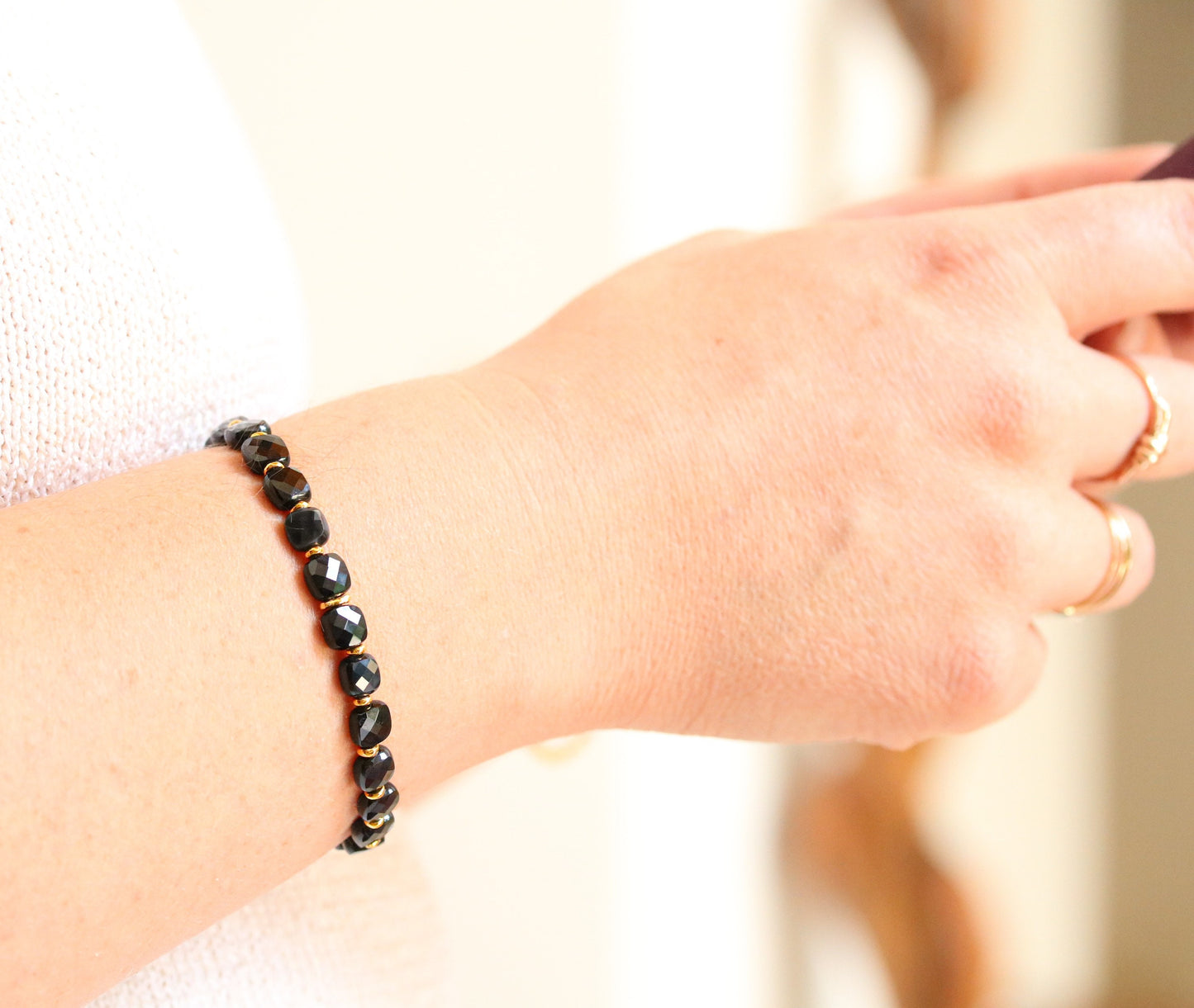 Stylish Black Agate Karen Hill Tribe Gold Fill Square Faceted Cushion Bracelet Gift Idea for GirlsValentines Day Gift IdeaMothers Day