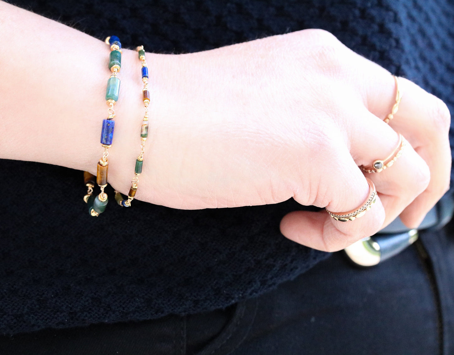 Lapis Lazuli Agate Bracelet: Gold Fill Chain, Karen Hill Tribe Beads