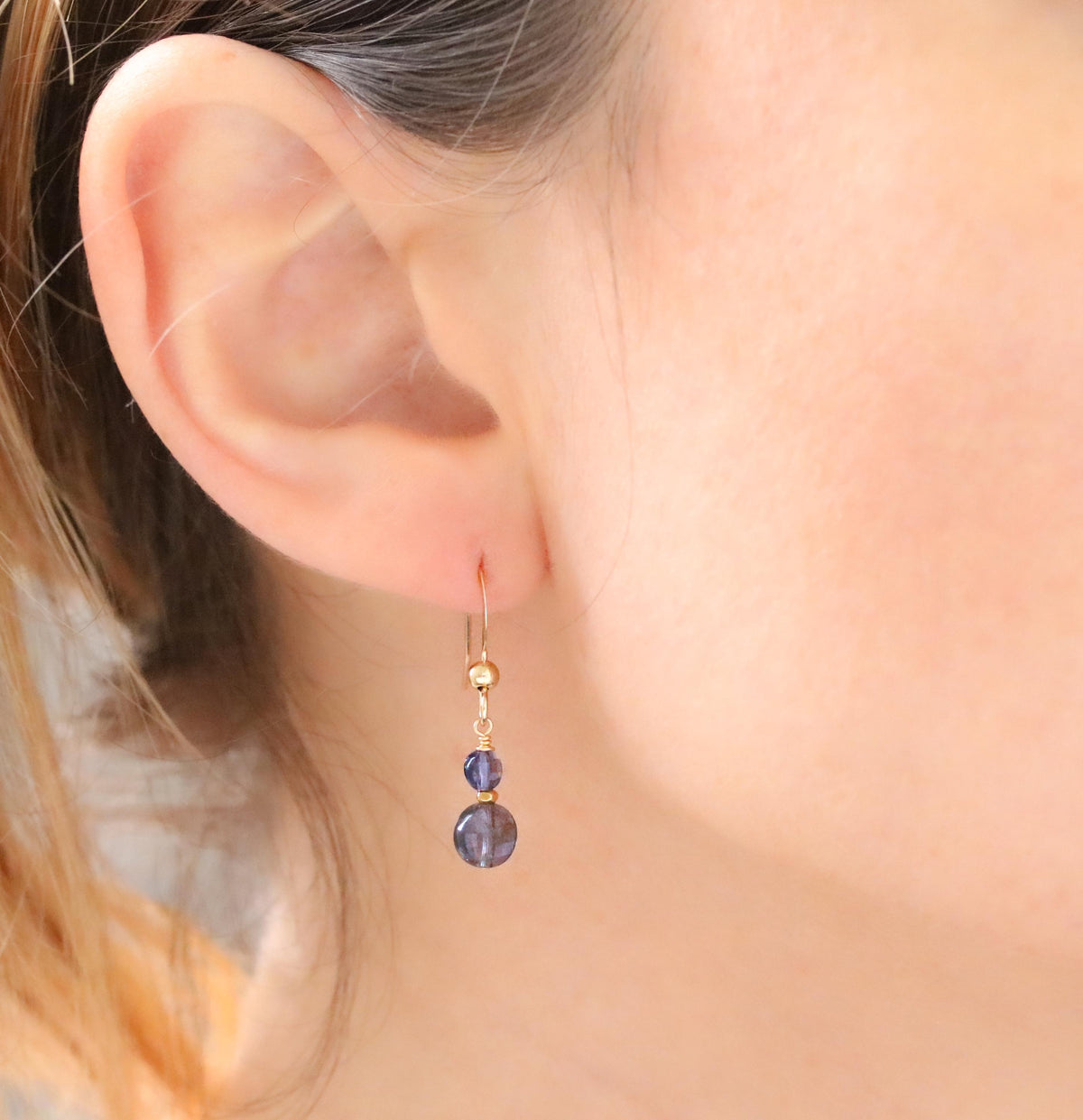 Iolite Dangle Earrings: Gold Vermeil Karen Hill Tribe Beads, 14k Gold Filled