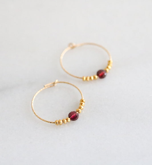 Faceted Garnet Gold Filled Hoops: January Birthstone Earrings