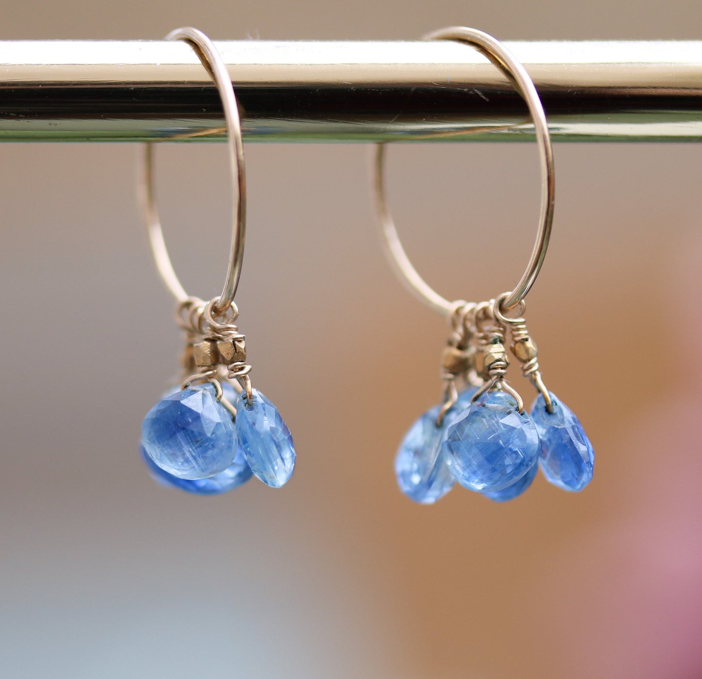 Handmade 14k Gold Filled Kyanite Hoop Earrings: Shimmering Sky Blue