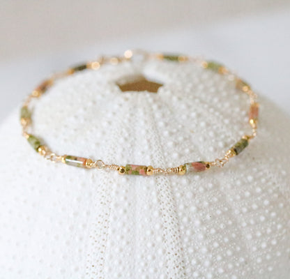Delicate Unakite Bracelet: Gold Chain, Karen Hill Tribe Beads