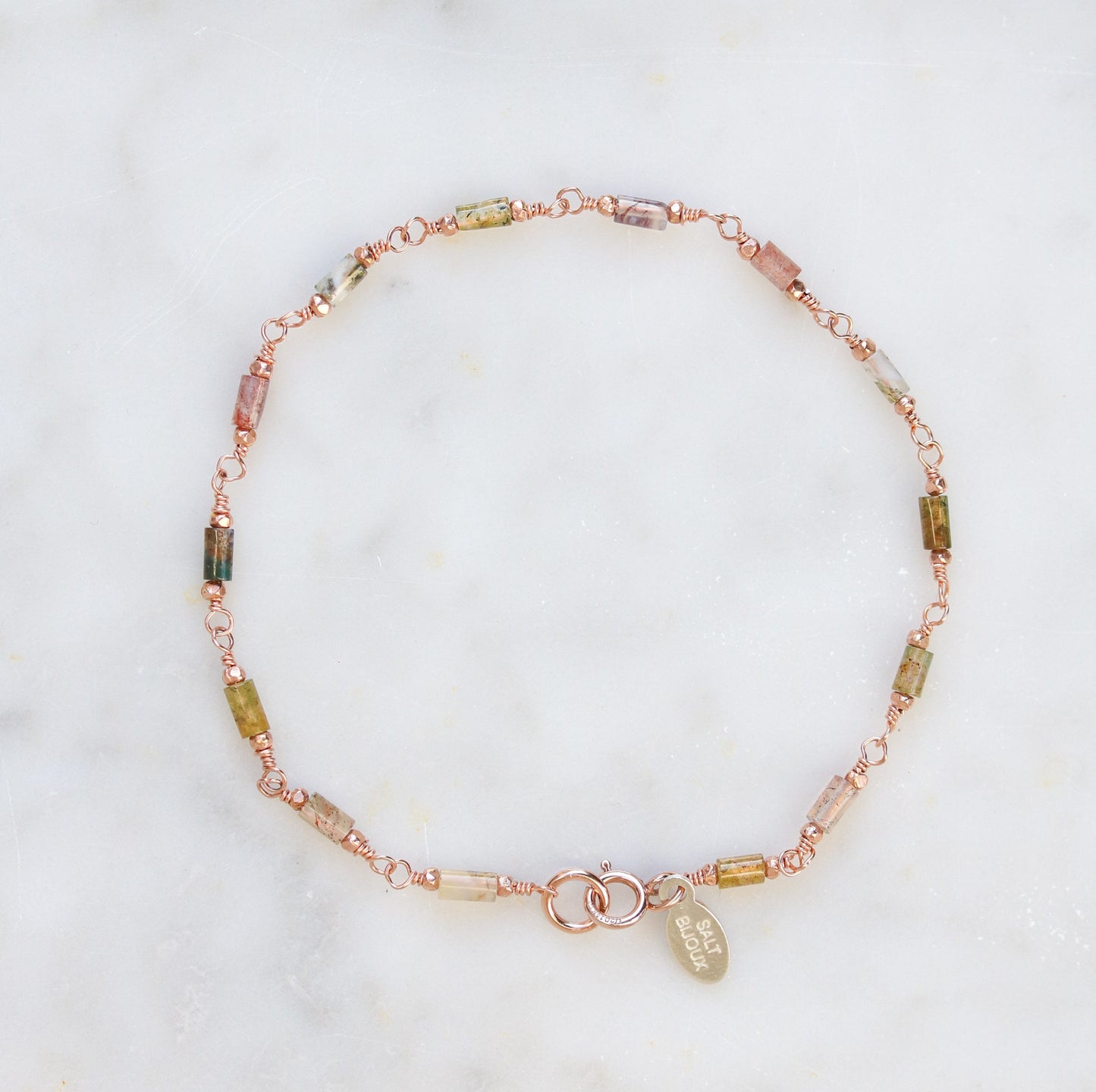 Dainty Indian Agate Bracelet: Rose Gold Filled Chain, Autumnal Shades
