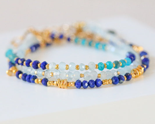Blue Gemstone Stacking Bracelet Set: Gold Filled Karen Hill Tribe Beads