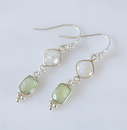 Moonstone & Green Quartz Solid Silver Dangle Earrings