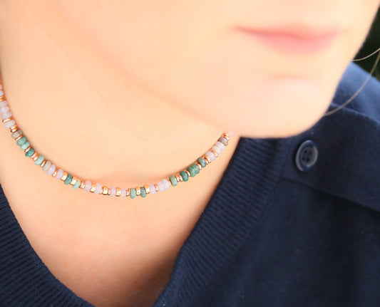 Indian Agate Heishi Choker: Rose Gold Necklace, Pastel Pink & Mint Green