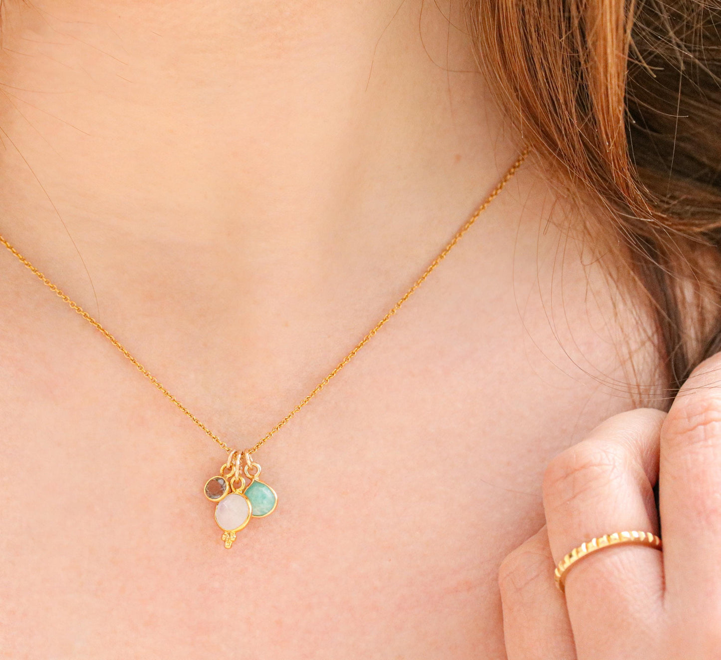 Faceted Moonstone, Smoky Quartz & Amazonite Gold Necklace