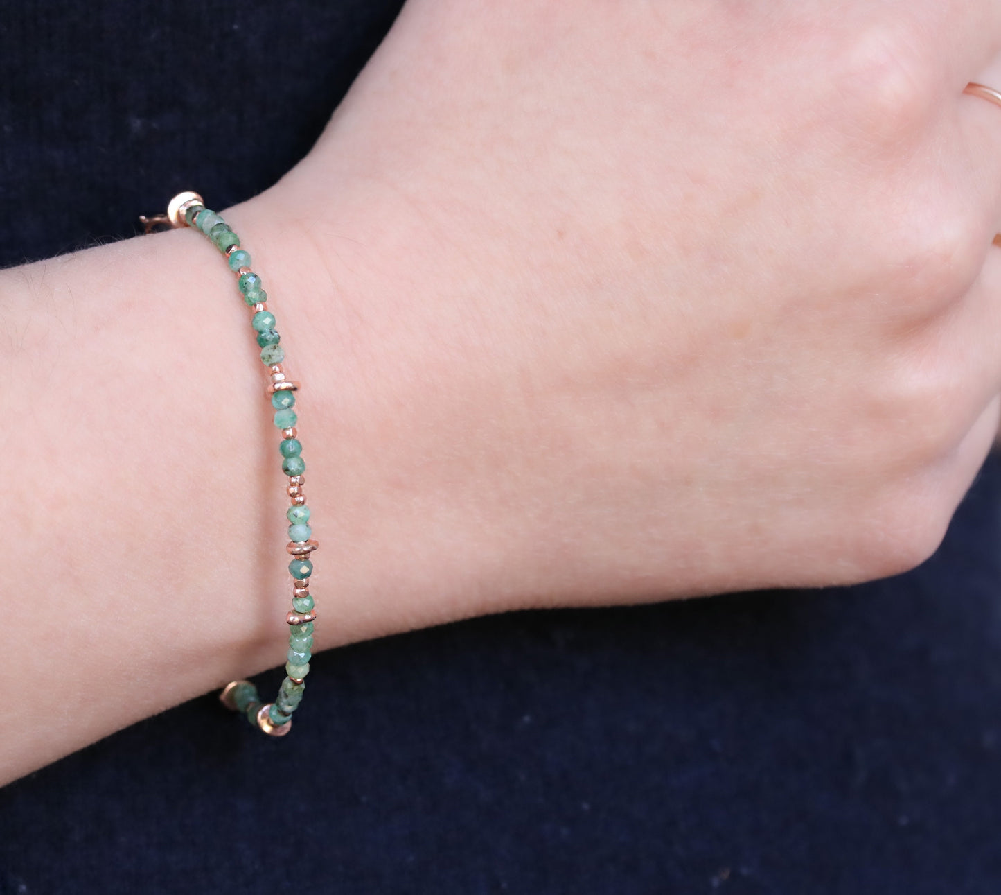 Emerald Rose Gold Bracelet: Karen Hill Tribe Nugget Bead with Labradorite Charm
