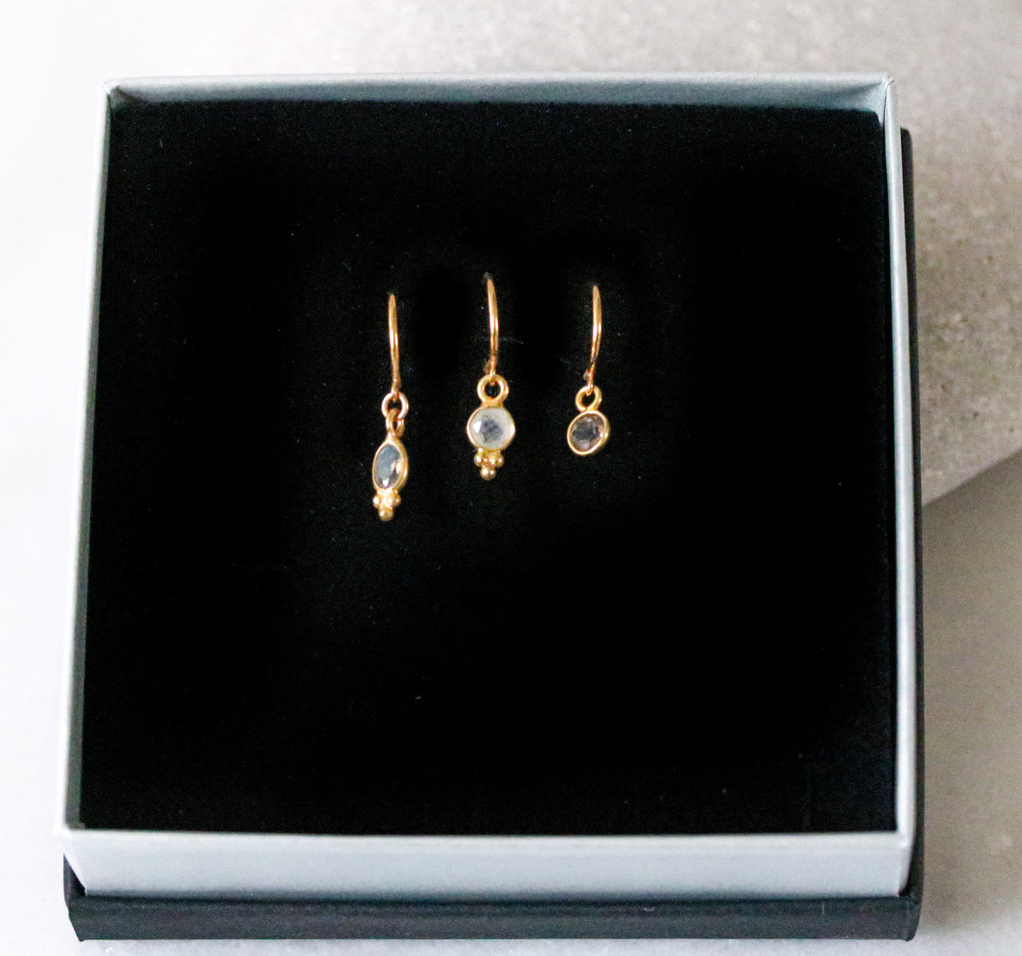 Moonstone, Labradorite & Smoky Quartz Gold Vermeil Huggie Hoop Earrings