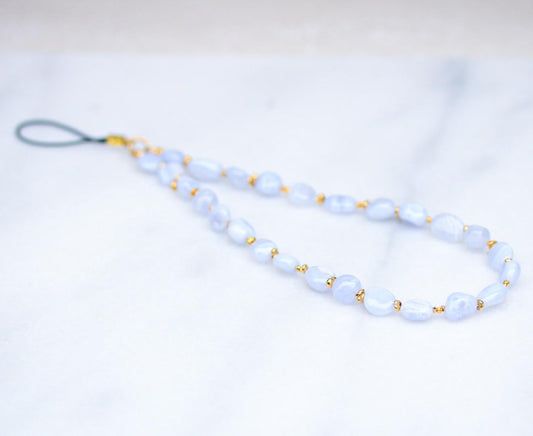 Lace Agate Phone Charm: Gold Vermeil Beaded Wrist Strap, Handmade in France