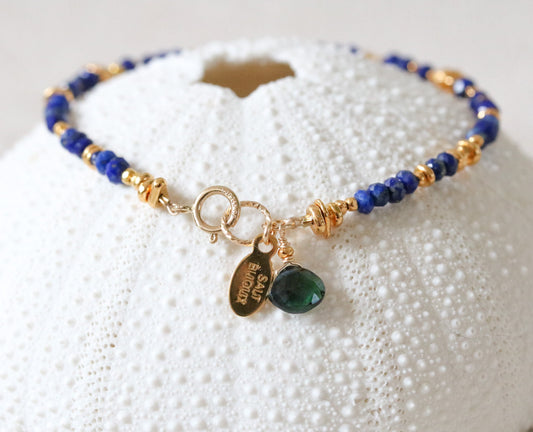 Handmade Gold Lapis Lazuli Bracelet with Tourmaline Charm