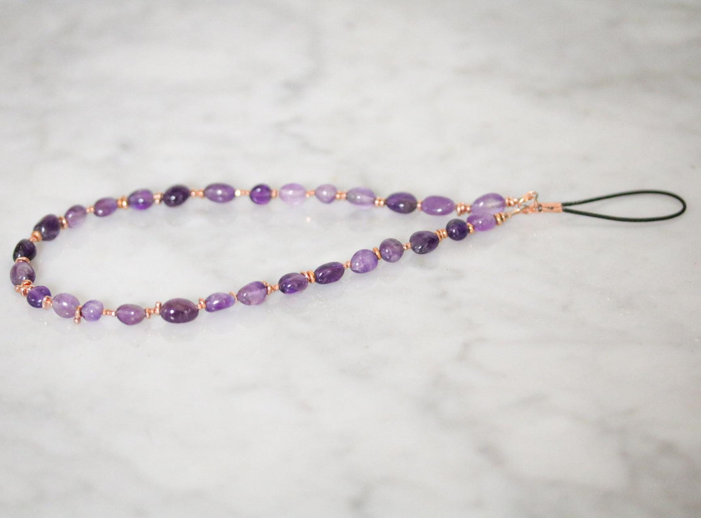 Handmade Amethyst Phone Charm: Beaded Gemstone Wristlet with Gold Vermeil