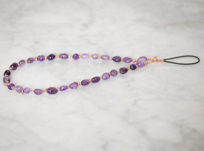 Handmade Amethyst Phone Charm: Beaded Gemstone Wristlet with Gold Vermeil