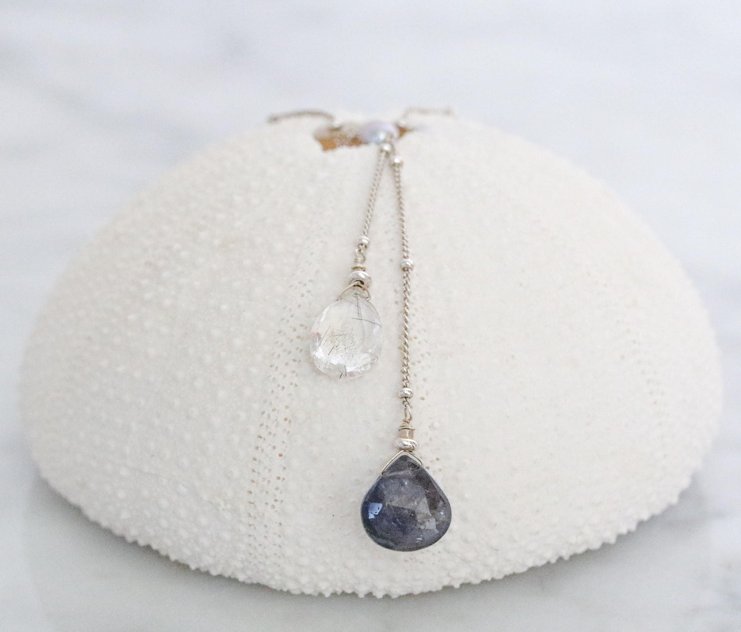 Iolite & Quartz Lariat Necklace: Solid Silver Gemstone Jewelry