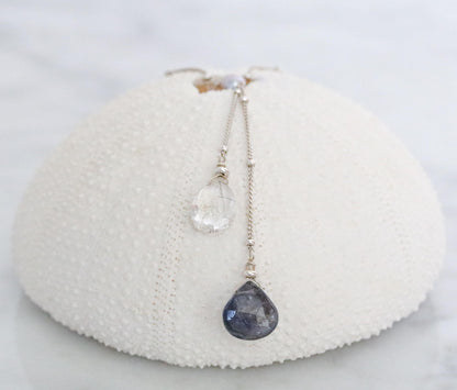 Iolite & Quartz Lariat Necklace: Solid Silver Gemstone Jewelry