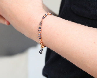 Handmade Rose Gold Iolite Gemstone Bracelet with Teardrop Charm