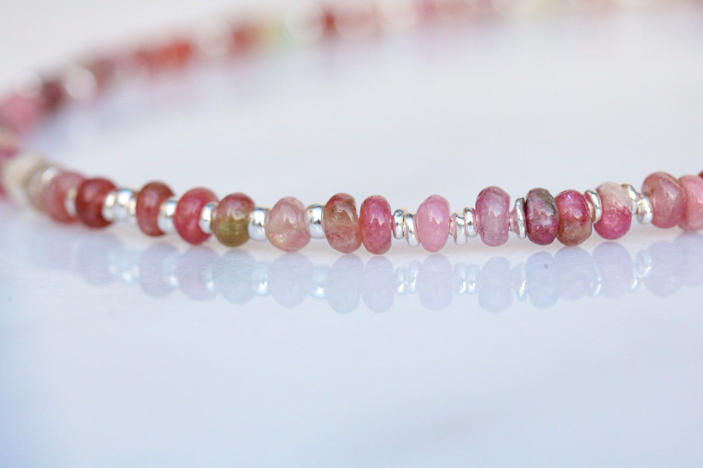 Pink Tourmaline Heishi Necklace: Sterling Silver Surfer Choker
