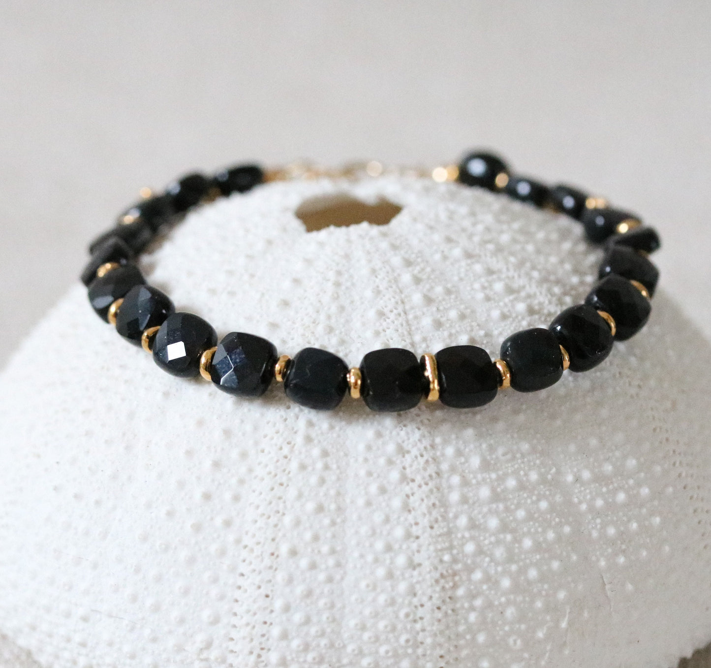 Stylish Black Agate Karen Hill Tribe Gold Fill Square Faceted Cushion Bracelet Gift Idea for GirlsValentines Day Gift IdeaMothers Day