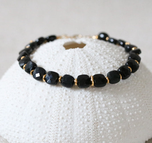 Stylish Black Agate Karen Hill Tribe Gold Fill Square Faceted Cushion Bracelet Gift Idea for GirlsValentines Day Gift IdeaMothers Day