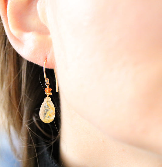 Gold Rutilated Quartz Teardrop Earrings: Modern Minimalist Design