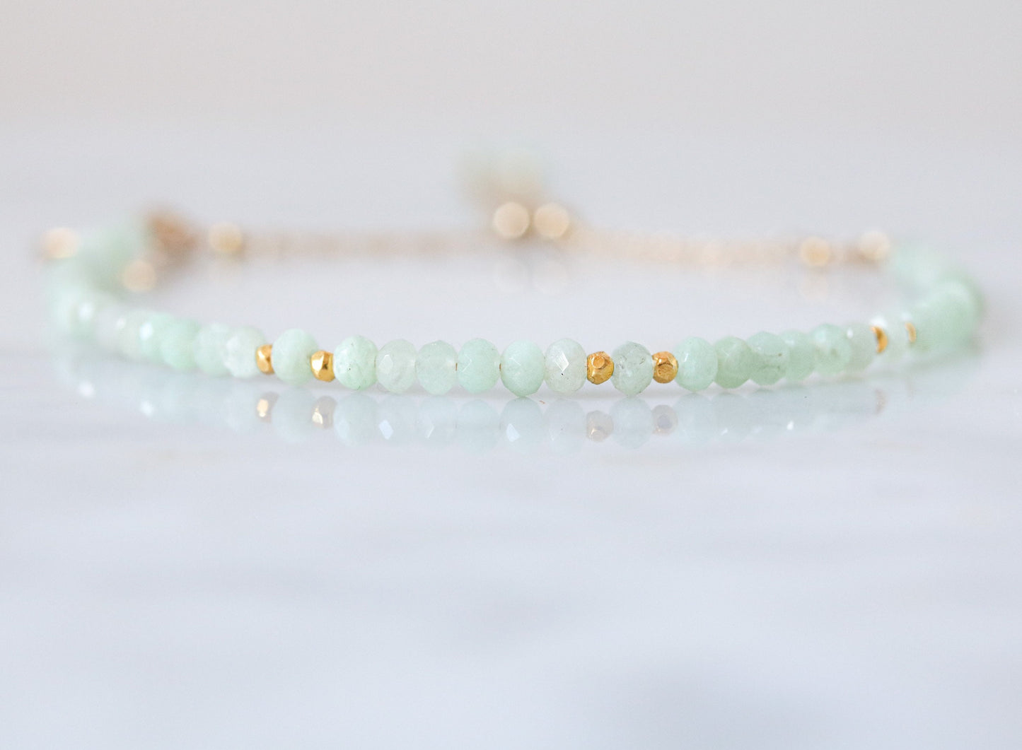 Green Opal Bracelet: Gold Karen Hill Tribe Bead, Adjustable Chain