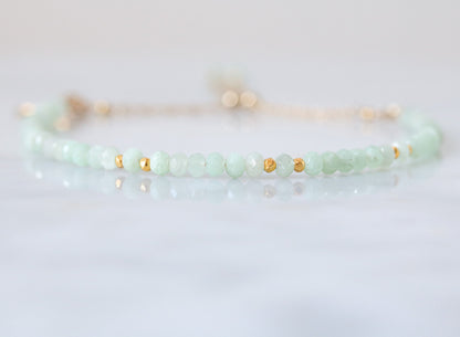 Green Opal Bracelet: Gold Karen Hill Tribe Bead, Adjustable Chain