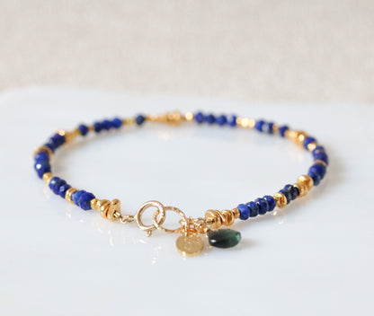 Handmade Gold Lapis Lazuli Bracelet with Tourmaline Charm