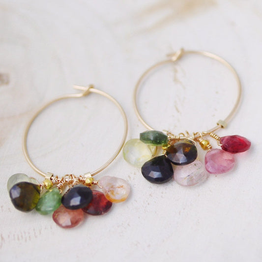 Gold Filled Hoop Earrings: Faceted Teardrop Tourmaline Gemstone Dangles