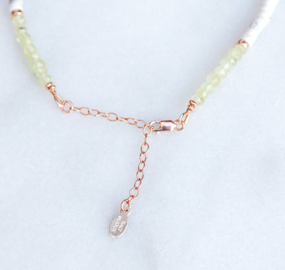 Peridot & Howlite Heishi Choker: Rose Gold Surfer Style Necklace