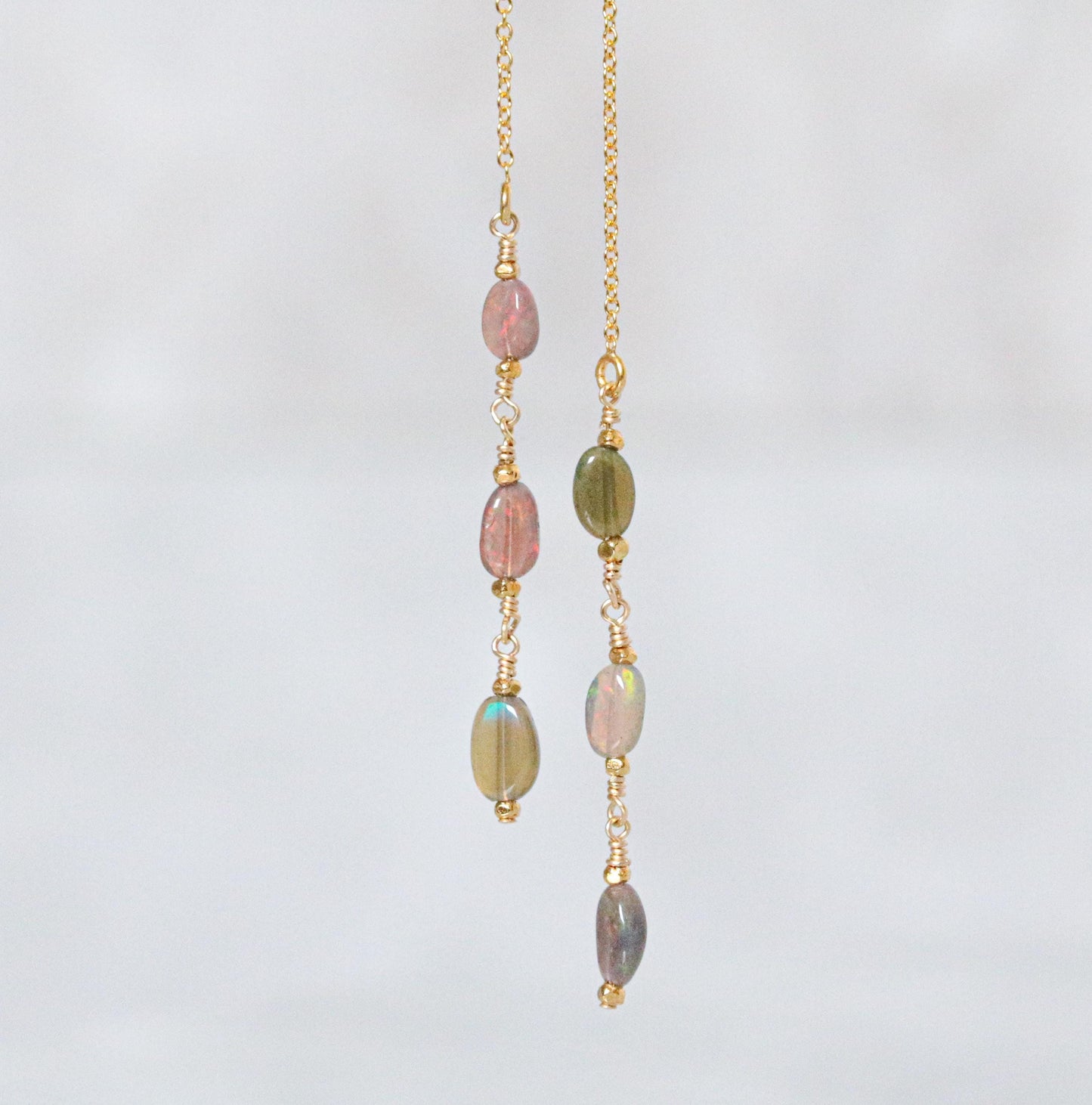 Ethiopian Opal Threader Earrings: Handmade 14k Gold Fill, October Birthstone