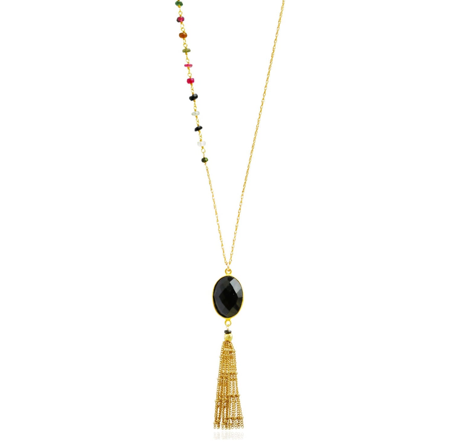 Gold Tassel Black Onyx Necklace: Tourmaline Gemstone Accent
