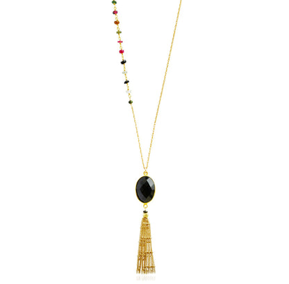 Gold Tassel Black Onyx Necklace: Tourmaline Gemstone Accent