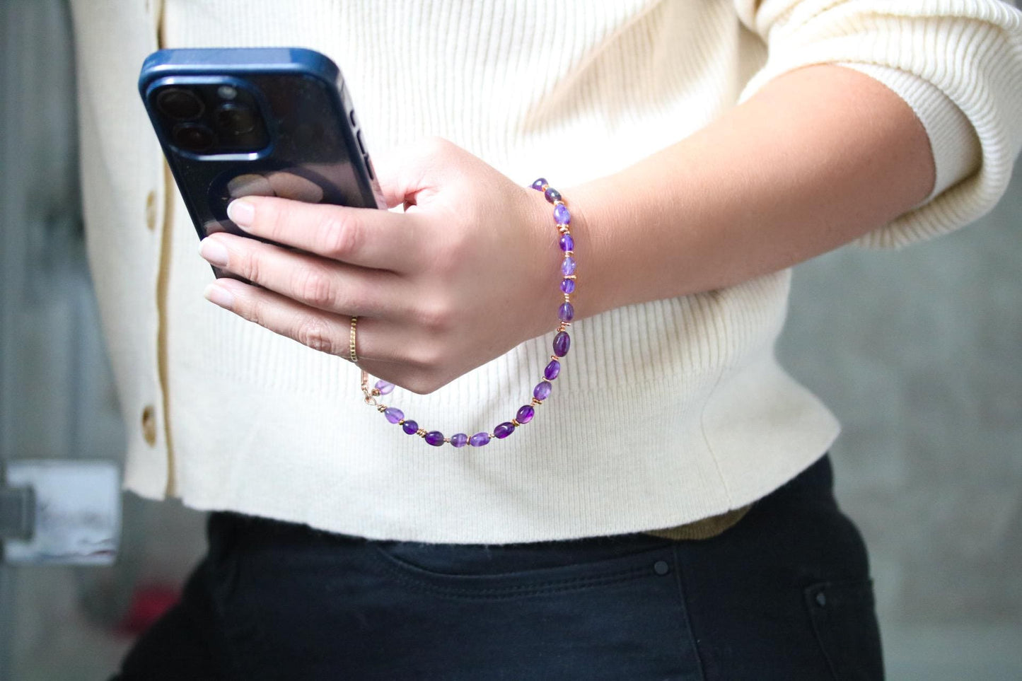 Handmade Amethyst Phone Charm: Beaded Gemstone Wristlet with Gold Vermeil