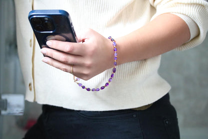 Handmade Amethyst Phone Charm: Beaded Gemstone Wristlet with Gold Vermeil