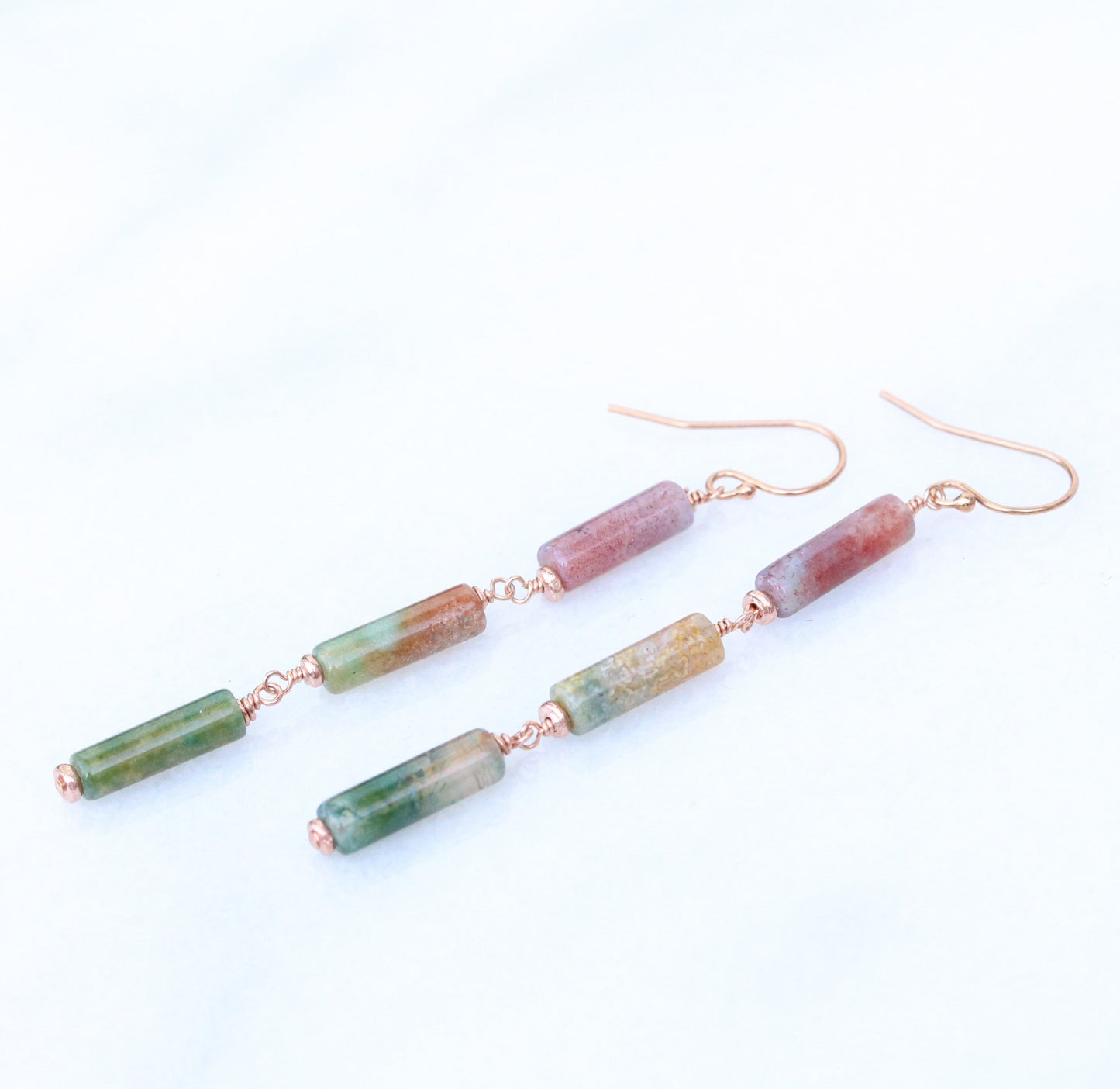 Handmade Indian Agate Rose Gold Fill Dangle Earrings: Watermelon Shades