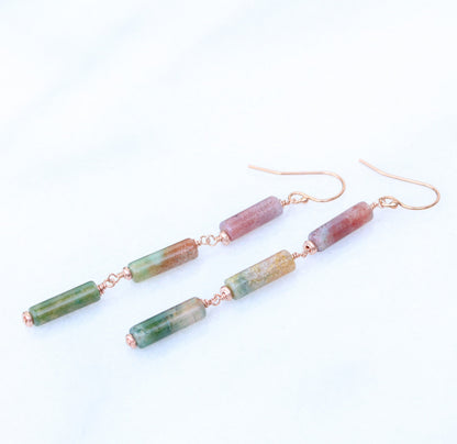Handmade Indian Agate Rose Gold Fill Dangle Earrings: Watermelon Shades