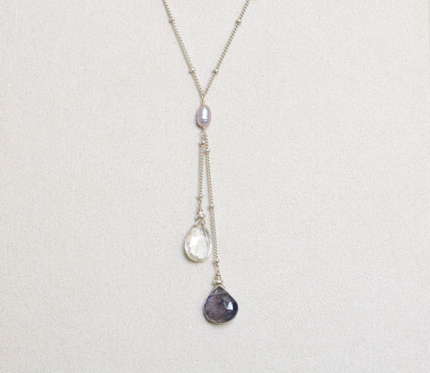 Iolite & Quartz Lariat Necklace: Solid Silver Gemstone Jewelry