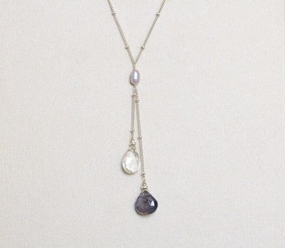 Iolite & Quartz Lariat Necklace: Solid Silver Gemstone Jewelry