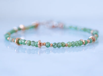 Emerald Rose Gold Bracelet: Karen Hill Tribe Nugget Bead with Labradorite Charm