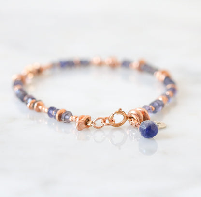 Handmade Rose Gold Iolite Gemstone Bracelet with Teardrop Charm